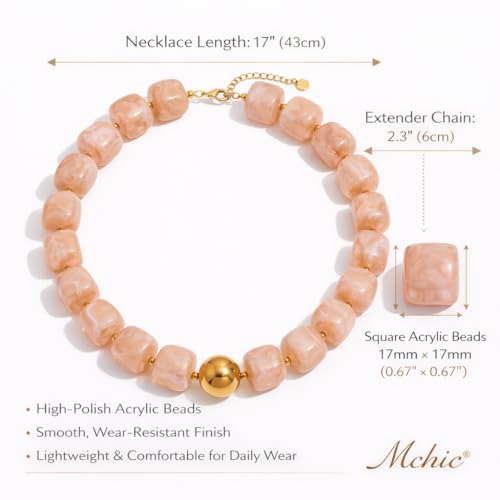Mchic Colorful Beaded Choker Necklace for Women: Boho Large Square Acrylic Beaded Necklace Stainless Steel Adjustable Surfer Beach Strand Necklaces Summer Handmade Jewelry Gift for Women - color: Beige