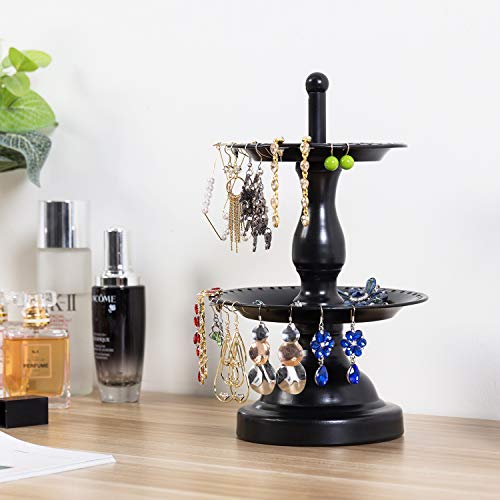MyGift Earring Storage Rack Organizer, Metal Jewelry Tree, Necklace and Bracelet Hanger with Wooden Ring Tray Trinket Holder - Holds 68 Pairs of Earrings (Black-2-Tier) - color: Black-2-Tier