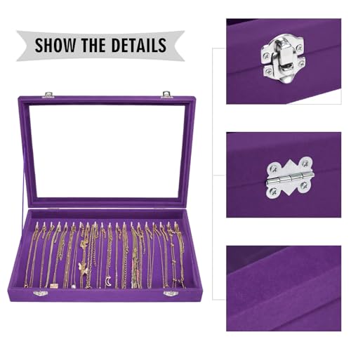 Siveit Necklace Organizer Box Premium 20 Hooks Velvet Necklace Display Jewelry Tray with Transparent Lid Jewelry Necklace Display Box for Necklace Pendants Suitable for Women and Girls (Purple) - color: Purple