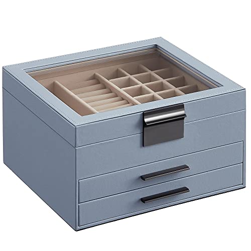 SONGMICS GISELLA Collection - Jewelry Box Organizer, 3-Layer Jewelry Storage with 2 Drawers, Shiny Metal Hardware, Glass Lid, Modern, 8 x 9.1 x 5.3 Inches, Smoky Blue and Silver Color UJBC239BU - color: Smoky Blue + Silver, size: 3 Layer (8"d X 9.1"w)