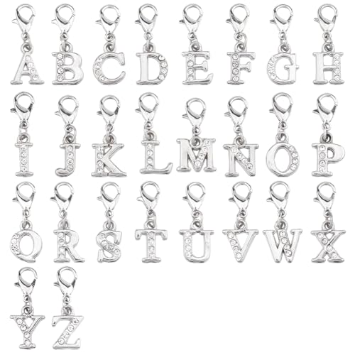 SUPERFINDINGS 26Pcs Alphabet Charms with Lobster Claw Clasps 2.5cm/0.98" Alloy Rhinestone Pendant Letter Clip On Charm Platinum/Golden Letter A~Z Charms for Wedding Gift Decoration - color: Platinum