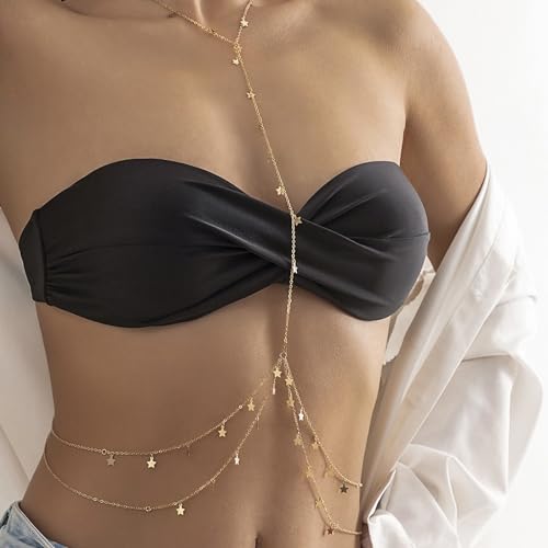 14K Gold Plated Body Chains for Women, Sexy Layered Belly Waist Chain Crossover Bikini Bra Chain, Summer Beach Rhinestone Body Jewelry - style: Gold Stars
