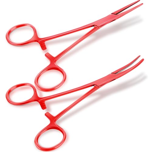 BBTO Hemostat Curved and Straight Hemostat Forceps Piercing Pliers Forceps, Stainless Steel Straight and Curved Pliers, Fishing Tweezer(Red,2 Pcs) - color: Red