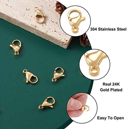 Pandahall 100Pcs Stainless Steel Lobster Claw Clasps Real 24K Gold Plated Jewelry Clasps 15x9x4mm Gold Filled Clasps for Bracelet Necklace Jewelry Making