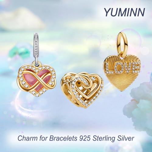 925 Sterling Silver Charms for Bracelets Gold Love and Heart Charms Cherry Blossom Dangle Beads Jewelry for Women - color: Gold Heart Pendant & Eternal Heart Pendant & Gold Love Pendant