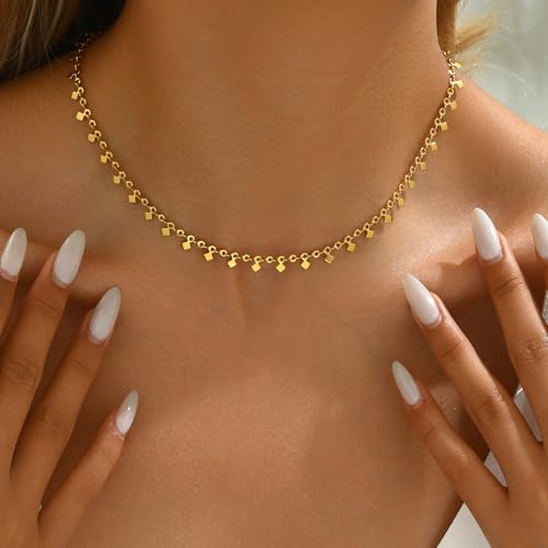Gold Chain Necklace for Women 18K Gold Plated Dainty Star Cross Heart Cuabn Choker Chains Stainless Steel Trendy Jewelry Christmas Gifts - color: Tiny Square