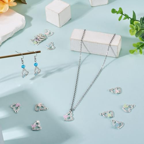 FASHEWELRY 16Pcs Alloy Rhinestone Pendants Heart with Butterfly Enamel Charms Crystal Hollow Heart Rhinestone Dangle Pendants Silver for DIY Earring Necklace Jewelry Making - color: Heart with Butterfly-Silver