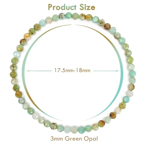 BONNY BOXX Natural Genuine Gemstone Faceted Round Beads Bracelets, 3mm Adjustable Stretchy Tiny Faceted Black Tourmaline Bracelet, Healing Crystal Reiki Chakra Dainty Jewelry Fashion Gifts - color: Green Opal
