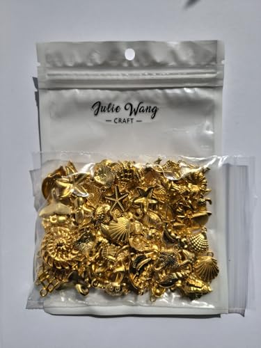 Julie Wang 90PCS Alloy Ocean Pendants Antique Silver Gold Tone Mermaid Tail Seahorses Shell Starfish Mixed Sea Charms for Necklace, Bracelet Summer Beach Jewelry Nautical Themed Craft Supplies - color: Gold Tone