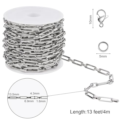 SMYHTGLIF 13 Feet Silver Stainless Steel Chain for Jewelry Making Paperclip Bulk Chain Spool Craft Jewelry with Lobster Clasps and Jump Rings - color: Paperclip Silver