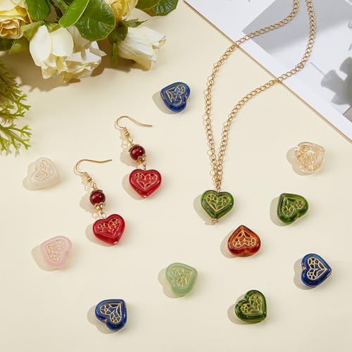 1 Box 20PCS Valentine Heart Glass Beads with Hole Bohemian Love Shaped Colorful Czech Golden Metal Enlaced Crystal Charms Loose Spacer Bead for Jewelry Making Bracelet Necklace Diy Craft - style: Heart
