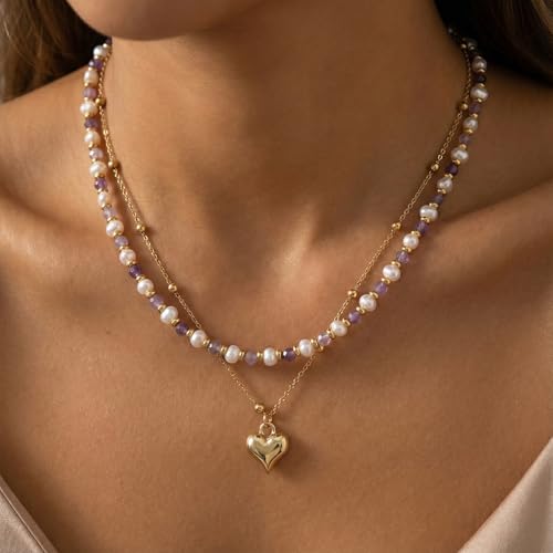 Colorful Gold Stack Seed Beaded Choker Necklace Set for Women,Handmade Boho Fashion Christian Cross Heart Freshwater pearl Jewelry,Valentine's Summer Holiday Beach Friendship Gift - color: Gold Heart