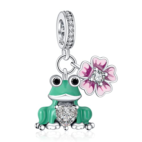 925 Sterling Silver Charms for Bracelets Gold Love and Heart Charms Cherry Blossom Dangle Beads Jewelry for Women - color: Frog and Flower