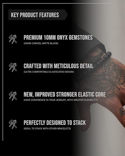 Forge & Foundry Men’s Matte Black Solid Onyx Beaded Bracelet | 10mm, 8mm, 6mm Bead Size Options | Signature Stainless Steel Engraved Bead | Andalus - color: 10mm Silver, size: Medium