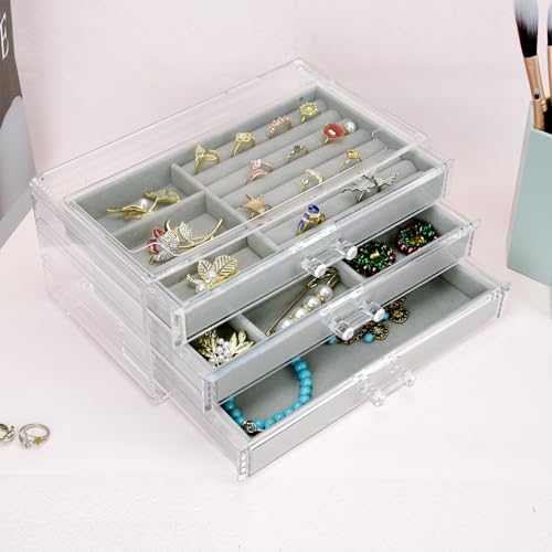 Weiai Acrylic Jewelry Box 3 Drawers, Velvet Jewellery Organizer, Earring Rings Necklaces Bracelets Display Case Gift for Women, Girls - color: Gray