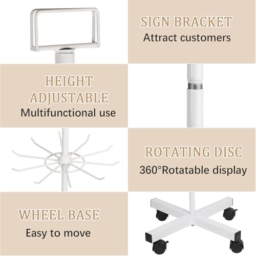 5-Tier Metal Spinning Display Stand Rack with Wheels, Keychain Jewelry Stocking Hat Display Stand, White - color: White