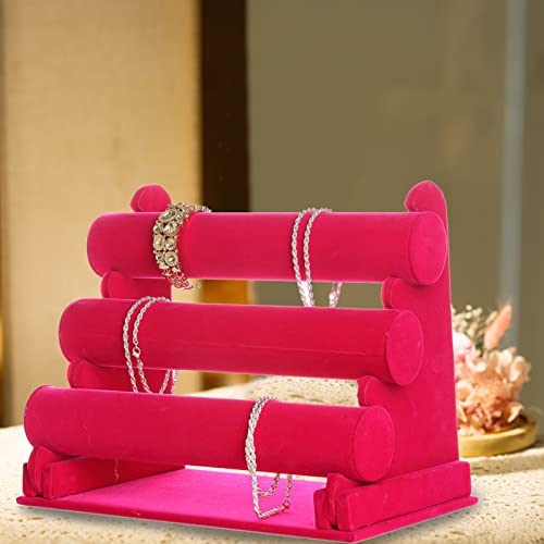 ChezMax Triple Tier Jewery Display Removable Bracelet Holder Jewelry Stand Necklace Stand Jewelry Towers and Watch Holder for Home Organization - color: B- Rose Red Velvet