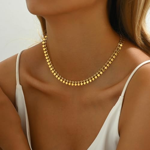 Gold Chain Necklace for Women 18K Gold Plated Dainty Star Cross Heart Cuabn Choker Chains Stainless Steel Trendy Jewelry Christmas Gifts - color: Tiny Star