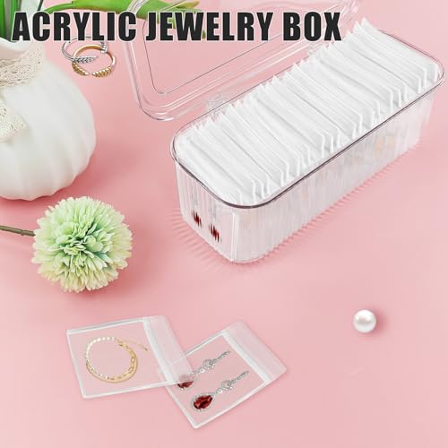 2 Packs Acrylic Jewelry Box with 100pcs PVC Portable Anti Oxidizing Zipper Bags Flip Lid Jewelry Organizer for Earrings Rings Necklaces Travel Jewelry Case
