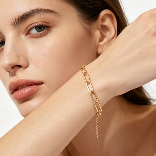 Exway 10 Pcs Paperclip Charm Bracelets Chain 8.0 Inch Stainless Steel Gold Chain Bracelets Kit with Lobster Clasps for Crafts DIY Women Jewelry Making - color: gold style B, size: 8.0in