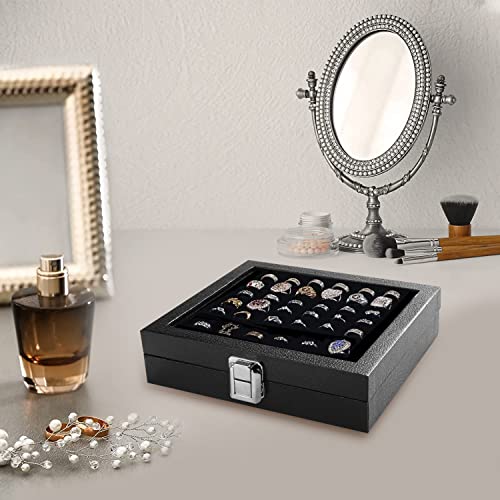 Ring Jewelry Organizer Box, 36 Slots Rings Display Storage Case Earring Showcase - Black Velvet Jewelry Stand Holder Tray with Transparent Glass Lid - Ideal Gift for Women Girl - size: 36 Slot