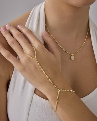 PAVOI 14K Gold Plated Hand Chains for Women - Adjustable Hand Chain Bracelet and Ring - Trendy Gold Handchain Bracelet Stack Summer Jewelry - Beads, Pearl, and Cubic Zirconia Body Jewelry - style: Crimp Chain
