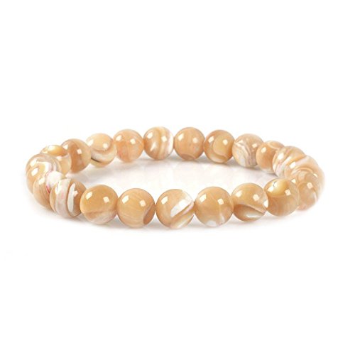 Justinstones 8mm Round Beads Stretch Bracelet 7 Inch Unisex - color: Khaki Mother Of Pearl