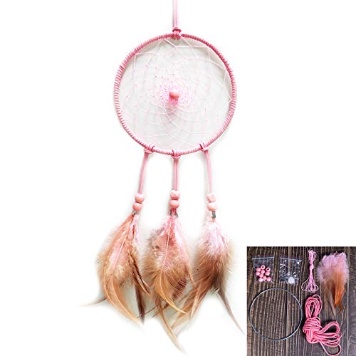 DIY Dream Catcher Beginner Kit, Making Dream Catcher Supplies Include Metal Hoop, Feathers, Faux Suede Cord, Thread, Wood Beads (Pink) - color: Pink