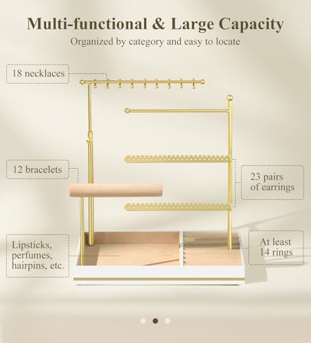 Emibele Jewelry Holder, Jewelry Organizer Stand Necklace Earrings Bracelet Holder, 5 Tier Jewelry Display Tower Rack with Metal Frame and Velvet Ring Tray, Aesthetic Jewelry Stand Gift for Women, Gold - color: Gold & White