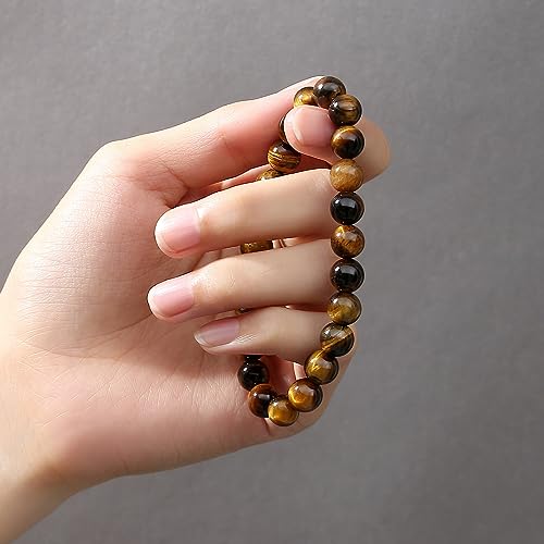 MAIBAOTA Healing Crystal Bracelet for Women Men, 8/4 mm Natural Stone Beaded Bracelets, Jewelry Birthday Gifts, Round Gemstones Stretch Bracelets - color: Brown-Tiger Eye, size: 8 mm