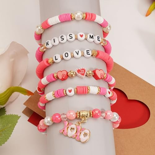 6PCS Valentine’s Day Clay Heishi Bracelet Set for Women- Red Pink Heart Love KISS XOXO Beaded Stretch Bracelets - Handmade Polymer Clay Crystal Glass Stackable Jewelry Gift for Galentine's Anniversary - color: LOVE-01