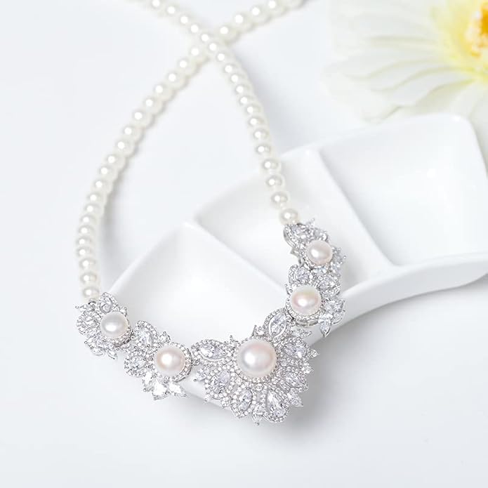 Women's Bridal Jewelry Set, 14K Gold Freshwater Pearl & Crystal, Choker Necklace & Drop Earrings, Elegant Wedding Fashion Ensemble