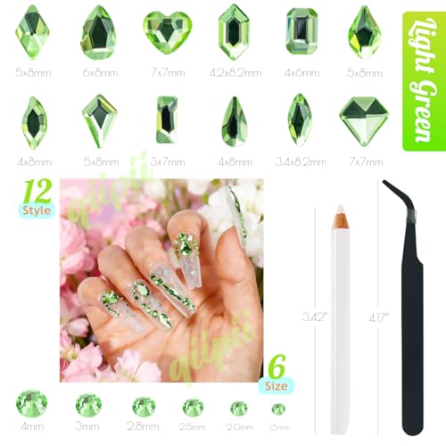 qiipii 3180Pcs Light Green Nail Rhinestones Multi Shapes Crystal Grass Green Flatback K9 Glass Rhinestones Gems Round Beads Stones Diamonds jewels w Wax Pen for Nails Face Eye Makeup Clothes Shoes DIY - color: Light Green, size: A Set