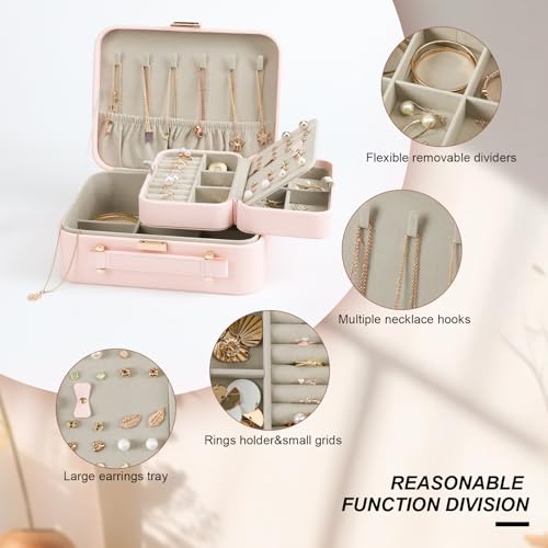 Large Jewelry Travel Organizer, Large Travel Jewelry Box with Removable Jewelry Tray, 2-Layer Jewelry Boxes for Women, Pink - color: A Gentle Pink