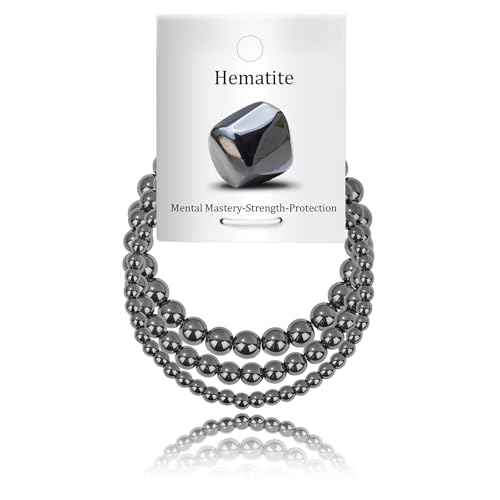 3Pcs Natural Healing Crystal Bracelets for Women Men, 4mm 6mm 8mm Beaded Stretch Bracelet Set, Black Tourmaline Natural Stone Gemstone Jewelry Gifts for Meditation, Reiki & Yoga - color: Hematite