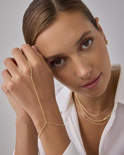 PAVOI 14K Gold Plated Hand Chains for Women - Adjustable Hand Chain Bracelet and Ring - Trendy Gold Handchain Bracelet Stack Summer Jewelry - Beads, Pearl, and Cubic Zirconia Body Jewelry - style: Satellite