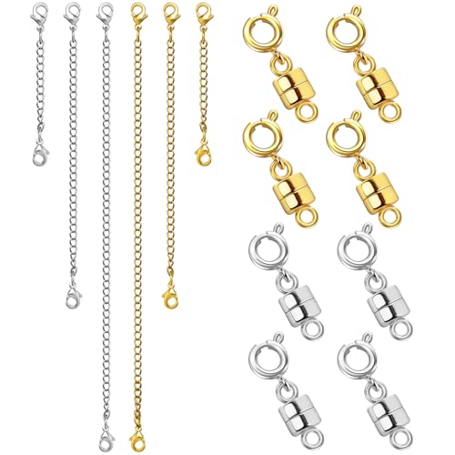 MKCYD Necklace Extender and Magnetic Necklace Clasp, Magnetic Clasps for Bracelet Extenders Gold and Sliver Chain Extension for Jewelry Repair Kit - color: 14Pcs | Gold & Silver