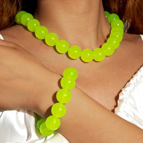 Colorful Chunky Beaded Necklace for Women Acrylic Bead Choker Necklaces Fashion Large Round Beads Necklaces for Women Handmade Summer Jewelry - color: Green bracelet + necklace