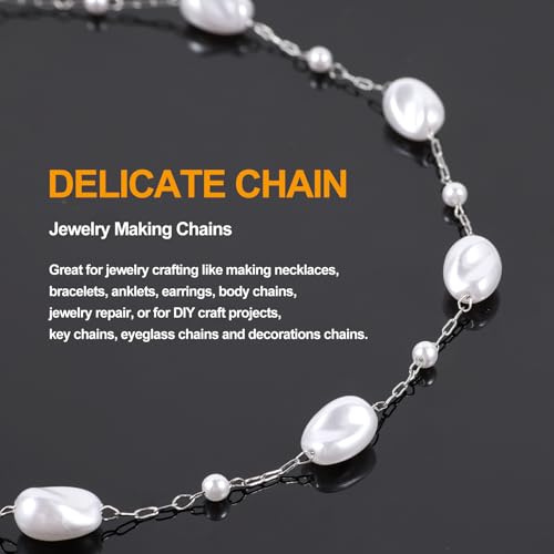 KYUNHOO 5 Meters Silver Stainless Steel Jewelry Chain Roll Faux Pearl Bead Chains with Lobster Clasps Jump Rings for Women Making Jewelry Crafts Finding Supplies - color: Irregular Bead Silver