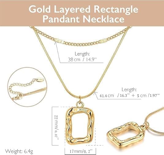 Evabelle Gold Layered Necklace for Women Trendy Jewelry 14K Real Gold Plated Chunky Chain Stackable Necklaces Dainty Choker Necklaces Rectangle Square Pendant