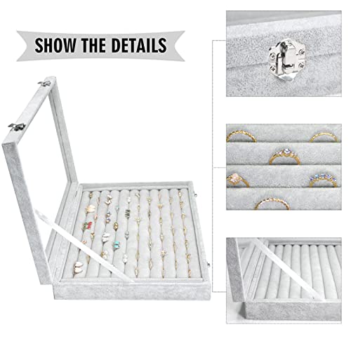 Siveit Rings Organizer Tray 10 Slots Velvet Ring Display Tray Insert Jewelry Earring Storage Box with Transparent Glass lid Can Hold 100 Rings Earrings Suitable for Girls and Women (Grey) - color: Grey