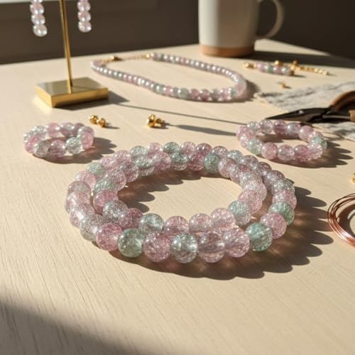 DandS ltd Crackle Lampwork Glass Beads for Jewelry Making, Pink & Green Strawberry Quartz, Vibrant DIY Bracelets, Beading Supplies & Craft Kits for Handmade Jewelry, 80pcs 0.39 inch (10mm), #J275-10 - color: Pink & Green Quartz