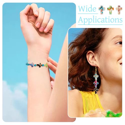 100 Pcs Turquoise Cross Beads Colorful Stone Cross Charms Synthetic Turquoise Stone Beads Easter Cross Crucifix Charms for Easter Holiday Bracelet Necklace Jewelry Making - color: Colorful-Cross