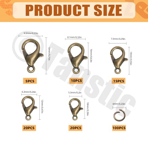 Tanstic 170Pcs Bronze Lobster Claw Clasps with Open Jump Rings Kit, 10mm, 12mm, 14mm, 16mm, 18mm Alloy Small Jewelry Clasps Lobster Clasps and 6mm Jump Rings for DIY Jewelry Making - color: Bronze Jewelry Clasps