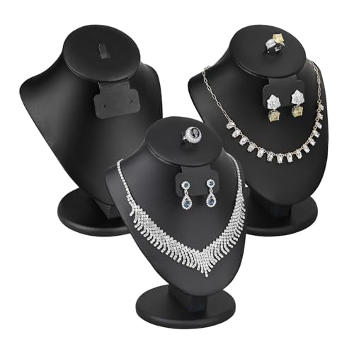 MOOCA 3 Pcs Set Black PU Faux Leather Combination Display Jewelry Stand Bust for Necklaces, Earrings, Rings, Jewelry Display For Vendors - color: Black PU Faux Leather, 3 pieces