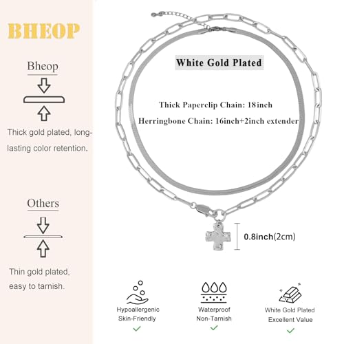 Bheop Chunky Cross Necklace for Women Trendy 14K Gold Silver Layered Statement Cross Pendant Charm Necklace Waterproof Paperclip Herringbone Snake Choker Chain Christian Jewelry Set Gift Non Tarnish - style: SL-2PCS/0.8 inch Cross+Herringbone Necklace
