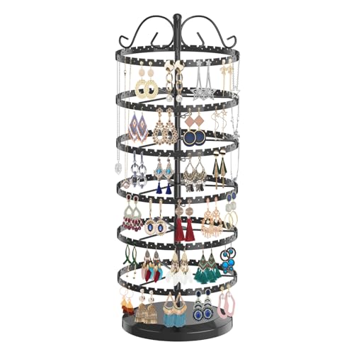 LASZOLA 6 Tier Black Earring Holder Organizer Tree Women Display Storage for Stud and Hoop, Large Cool Rotating Clip Stand for Pierced and Dangle Earring, Vertical Metal Tower Carousel with 480 Holes - color: Black, size: 6 Tier, 480 Holes