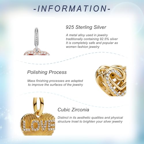 925 Sterling Silver Charms for Bracelets Gold Love and Heart Charms Cherry Blossom Dangle Beads Jewelry for Women - color: Gold Heart Pendant & Eternal Heart Pendant & Gold Love Pendant