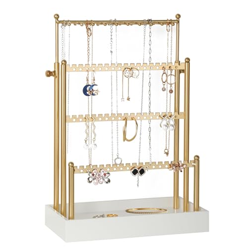 Tirzah 3-Tier Adjustable Earring Necklace Holder Organizer Stand, Gold Jewelry Display Tree with 105 Slots, 10 Double-Sided Hooks, White Tray for Women, Girls - color: Gold & White, for Necklace Earring