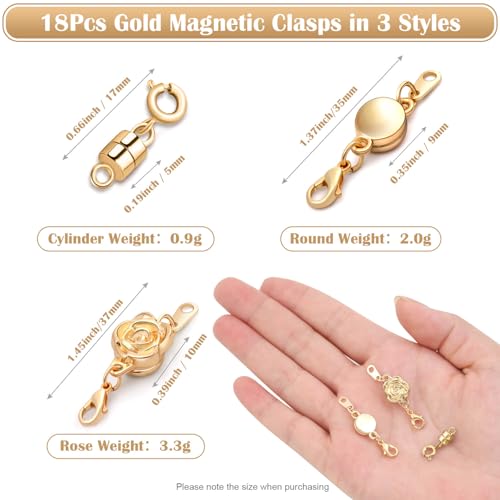 ROADPLUM 18 Pcs 3 Styles Magnetic Necklace Clasps and Closures, Rose Round Cylindrical Jewelry Magnetic Clasp Connector Locking Magnetic Clasp Bracelet Extender for Jewelry Making (Gold) - color: Gold
